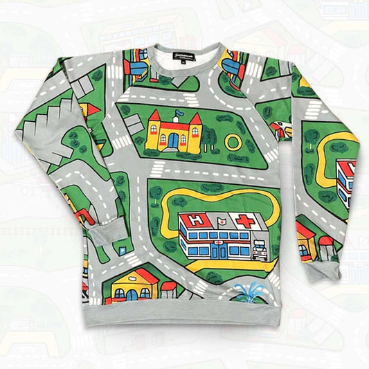This men's sweatshirt transforms into a nostalgic children's playmat, featuring winding grey roads with white lane markings cutting through vibrant green neighborhoods. Contact us with accessibility feedback, we'd love to help!