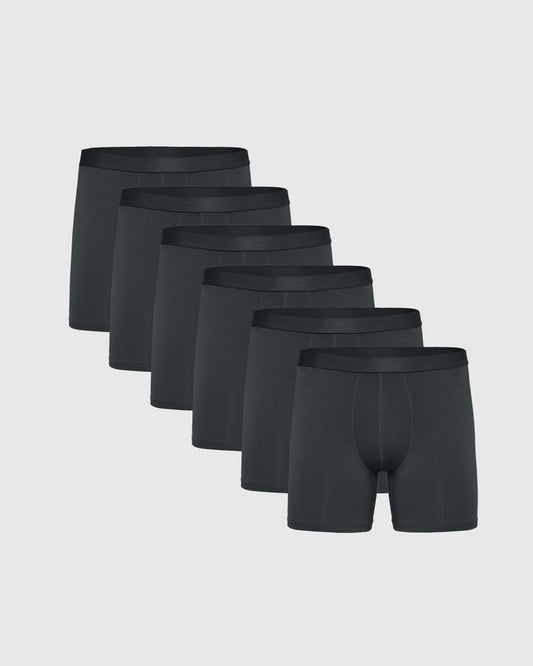 Carbon Boxer Briefs 6-Pack arranged diagonally, showcasing soft fabric and flyless design.