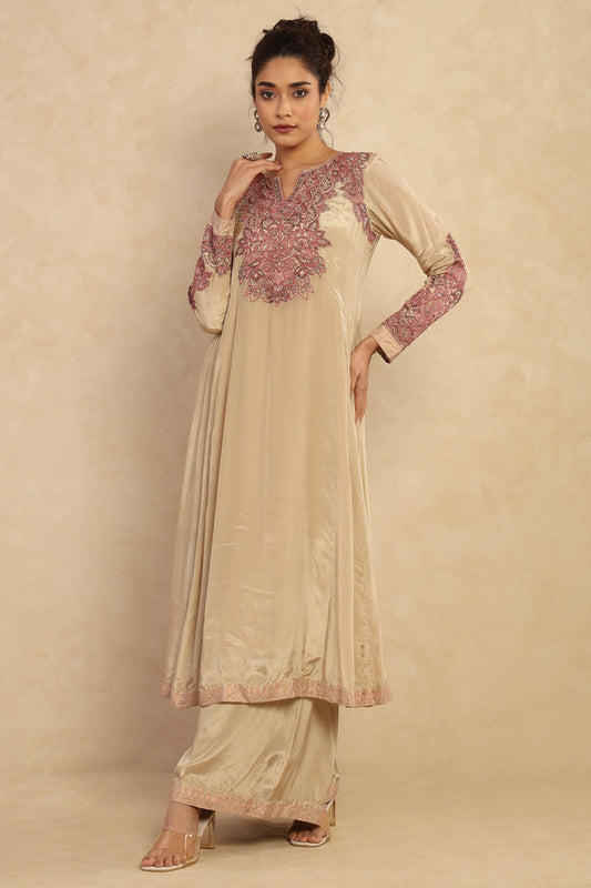 Champagne Embroidered Flared Kurta Set