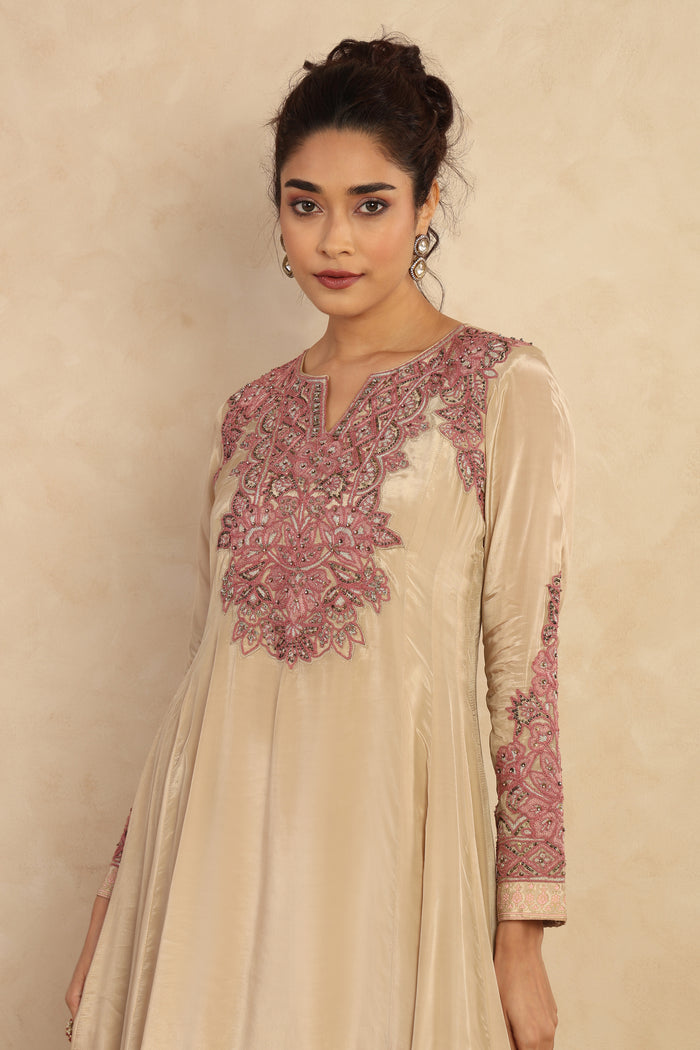 Champagne Embroidered Flared Kurta Set