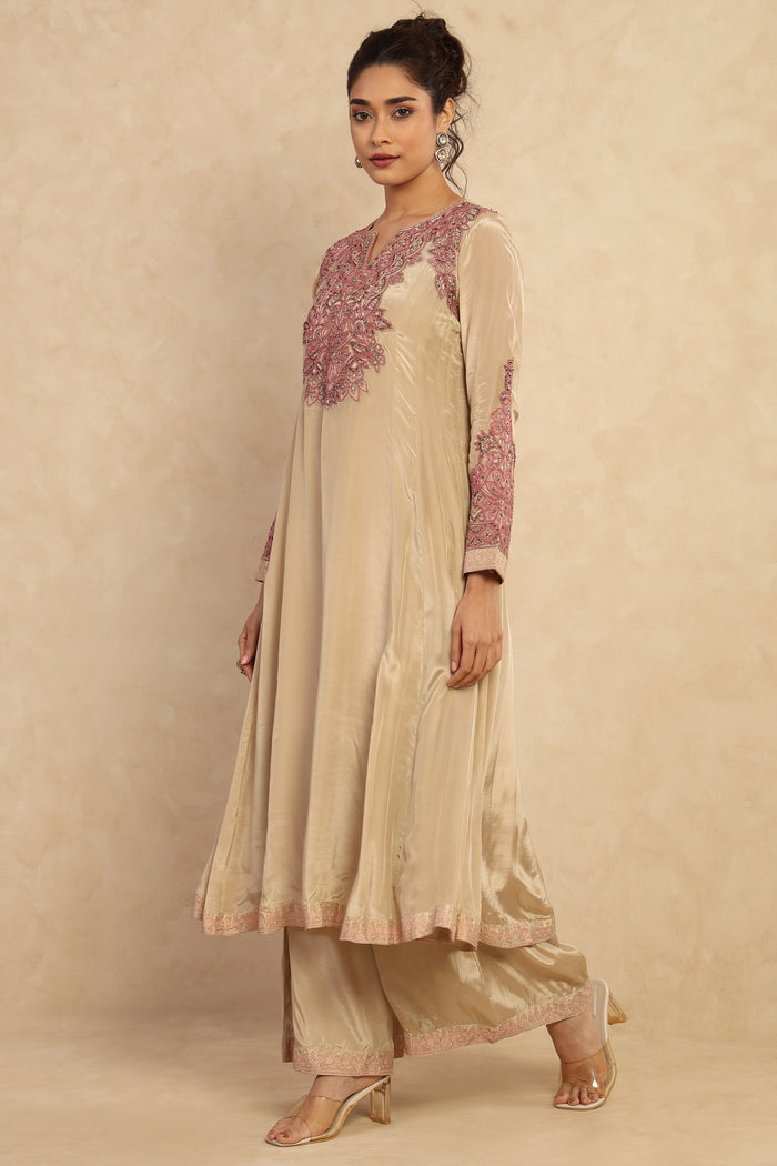 Champagne Embroidered Flared Kurta Set
