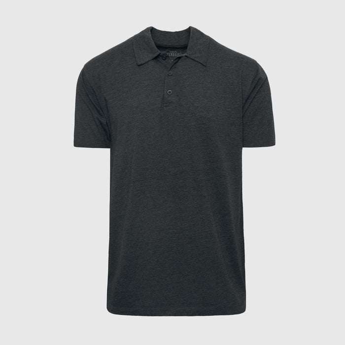 Charcoal Heather Gray Classic Polo, front view with short sleeves.
