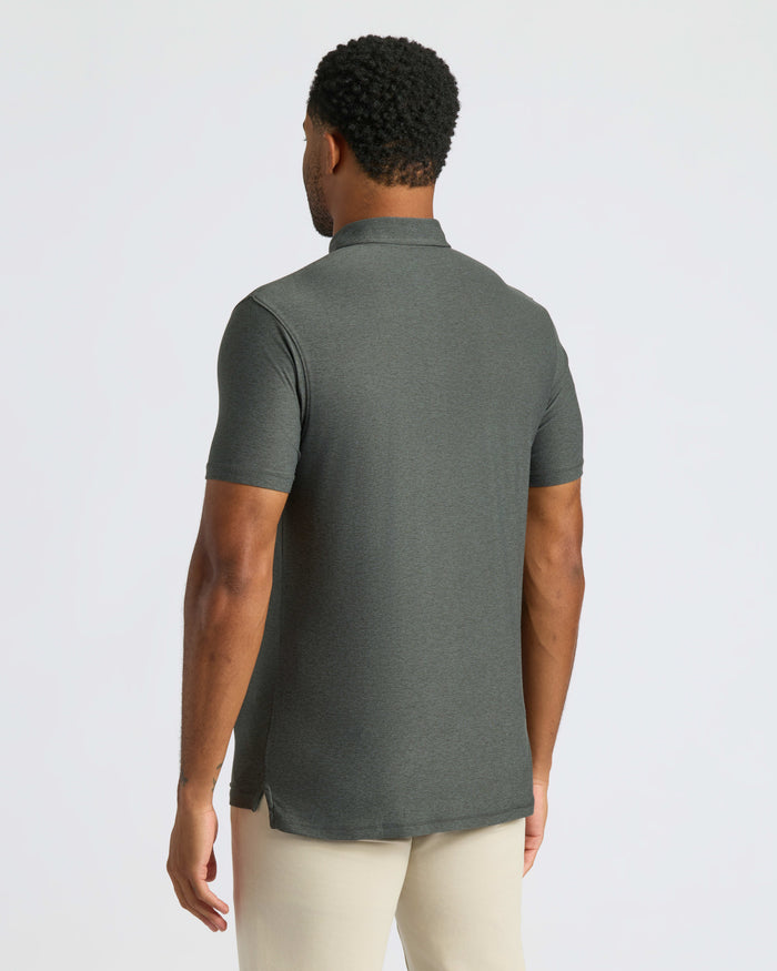Man wearing Charcoal Heather Gray Classic Polo, back view.