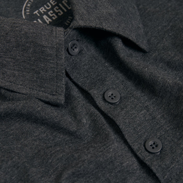 Charcoal Heather Gray Classic Polo with folded collar and button placket.