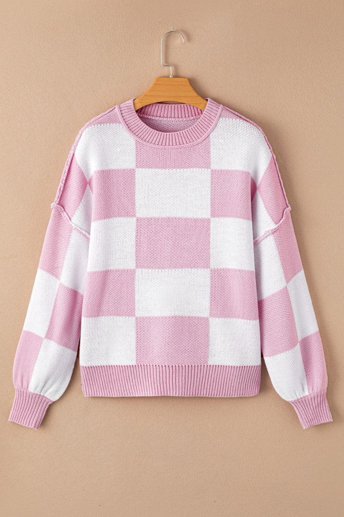 Checkered Exposed Seam Drooped Shoulder Sweater - Madikfashions.com