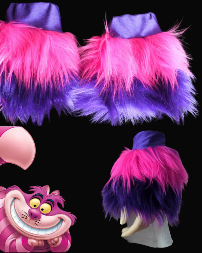Cheshire Cat Inspired Fur Rave Wrist Cuffs with Pink and Purple Stripes