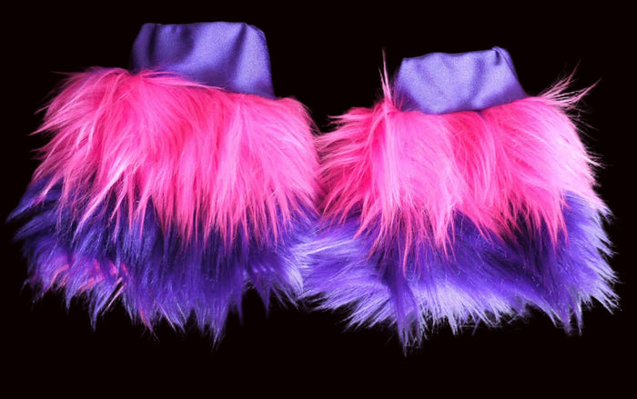 Cheshire Cat Inspired Fur Rave Wrist Cuffs with Pink and Purple Stripes