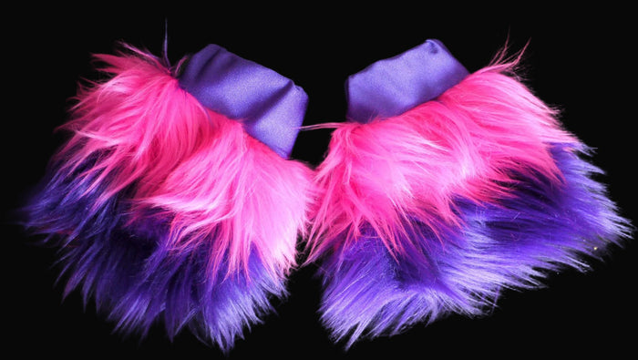 Cheshire Cat Inspired Fur Rave Wrist Cuffs with Pink and Purple Stripes