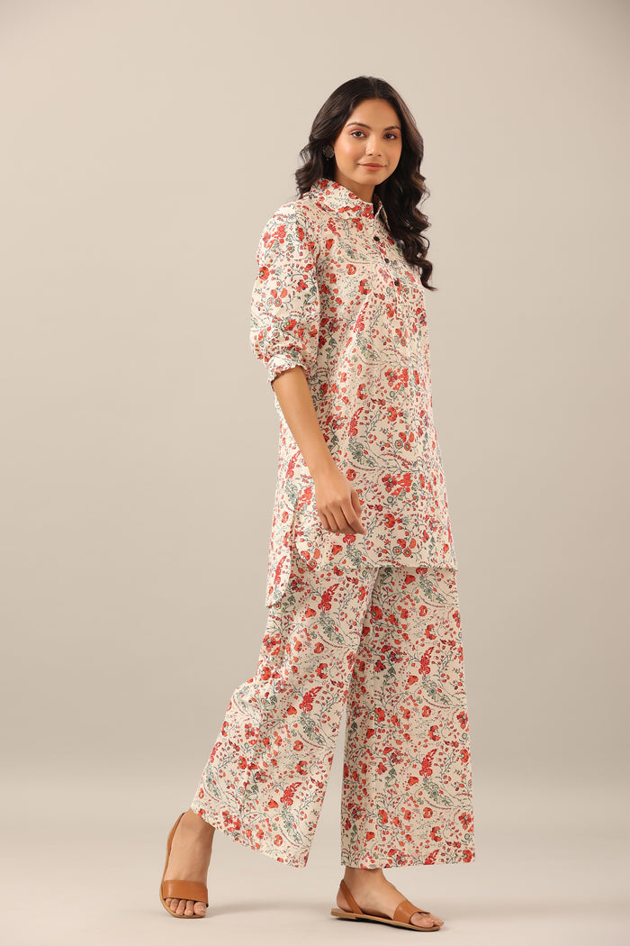 Chintz Collared Floral Jaal on white Cotton Collared Palazzo Loungewear Set