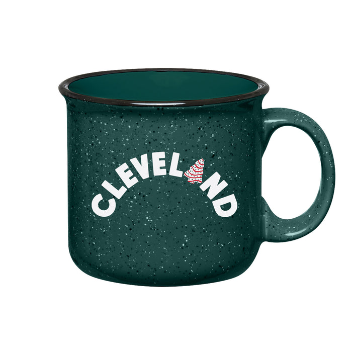 Green speckled mug with 'CLEVELAND' text and logo on a white background