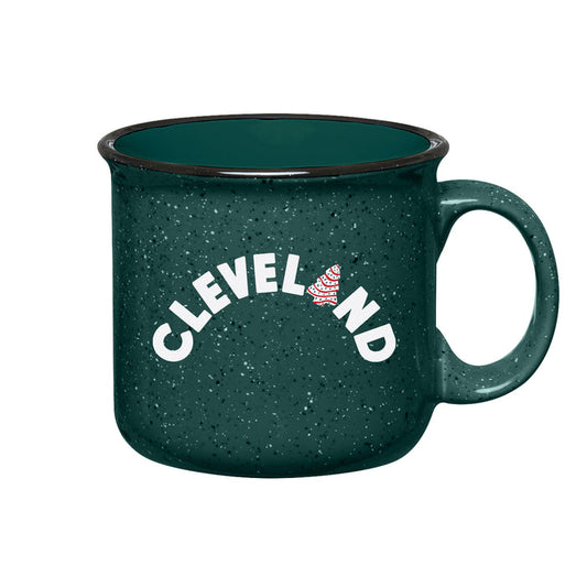 Green speckled mug with 'CLEVELAND' text and logo on a white background