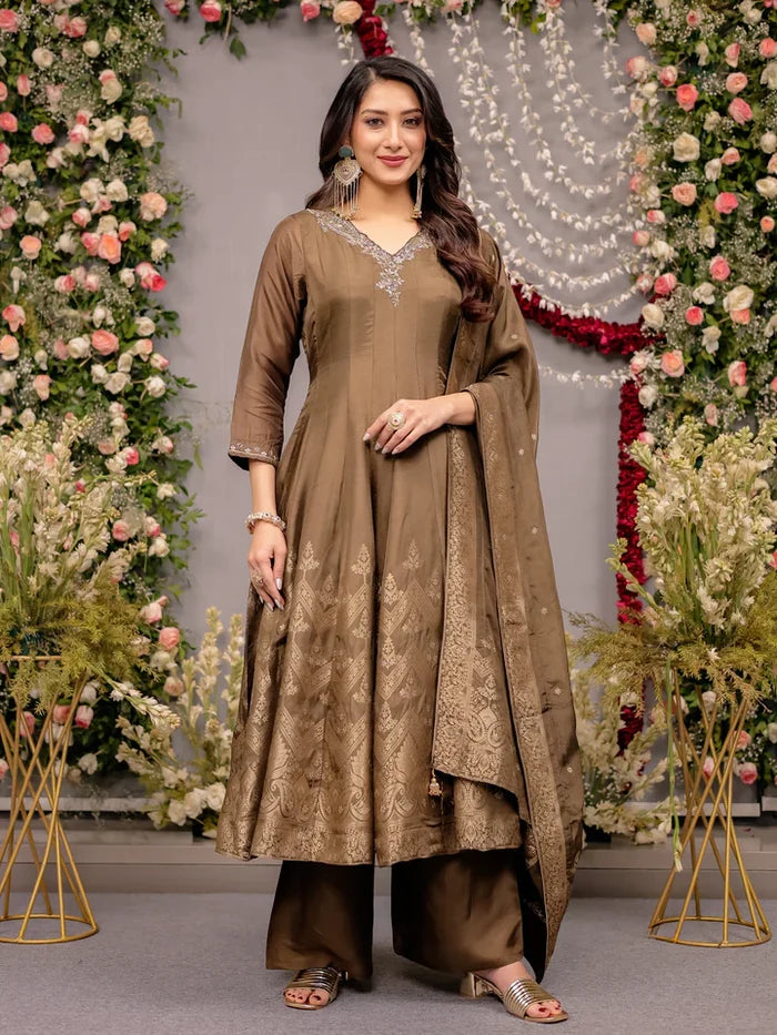 Coffee Brown Silk Anarkali Suit with Zari Work & Palazzo