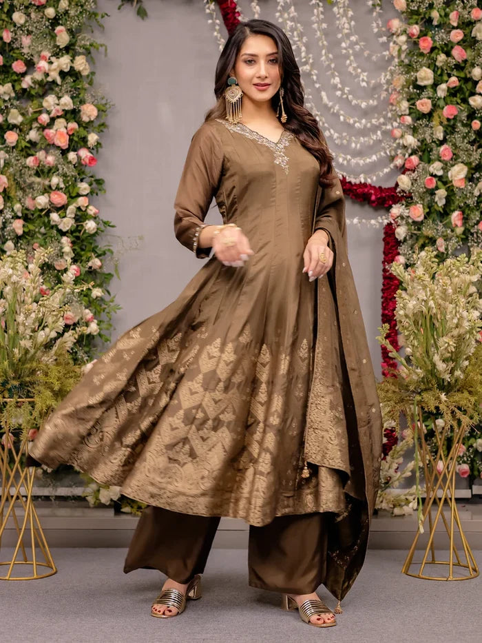 Coffee Brown Silk Anarkali Suit with Zari Work & Palazzo