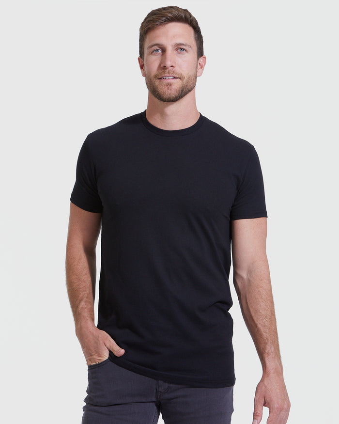 Color Tall Straight Hem Crew Neck T-Shirt on man, relaxed stance.