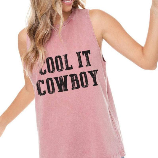 Woman wearing a pink COOL IT COWBOY tank top.
