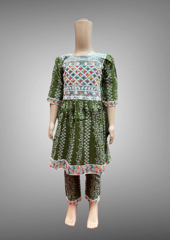 Cotton Embroidered / Floral Printed Army Green Girl's Salwar Suit