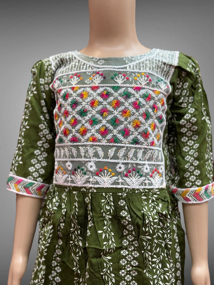 Cotton Embroidered / Floral Printed Army Green Girl's Salwar Suit