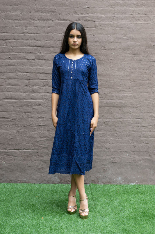 Cotton Georgette Embroidered Navy Blue Gown