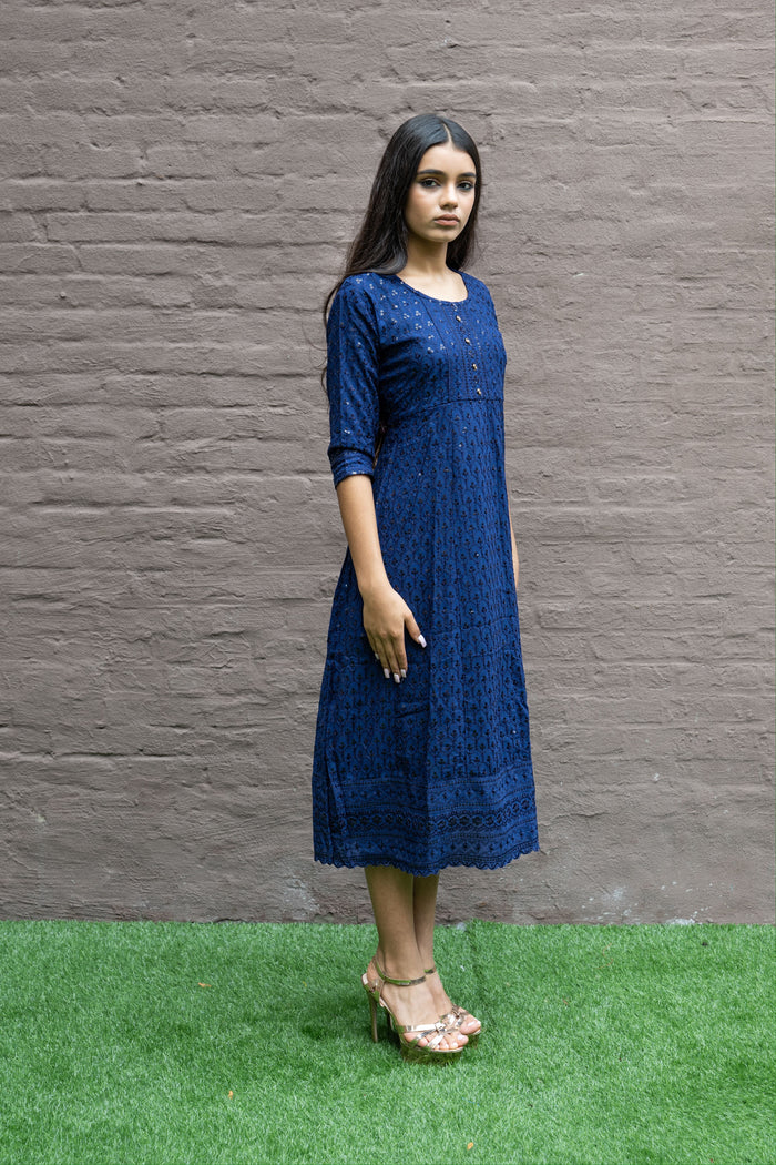 Cotton Georgette Embroidered Navy Blue Gown