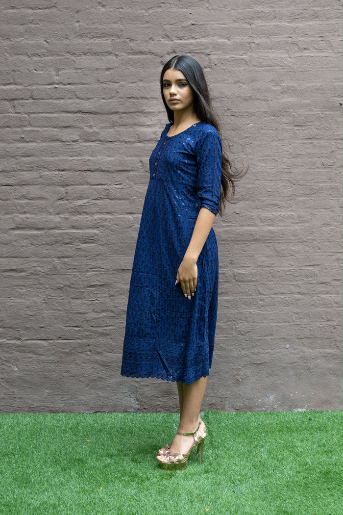 Cotton Georgette Embroidered Navy Blue Gown