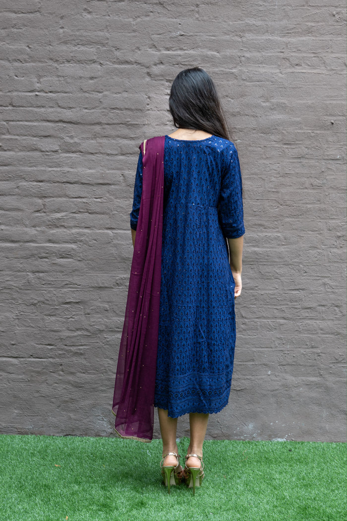 Cotton Georgette Embroidered Navy Blue Gown