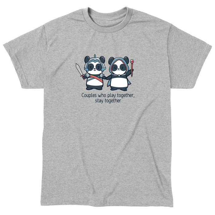 Classic Cotton T-shirt_TeeTurtle heather gray Couples Who Play Together Stay Together. Featuring a panda couple in fantasy outfits that stays together since they play together.