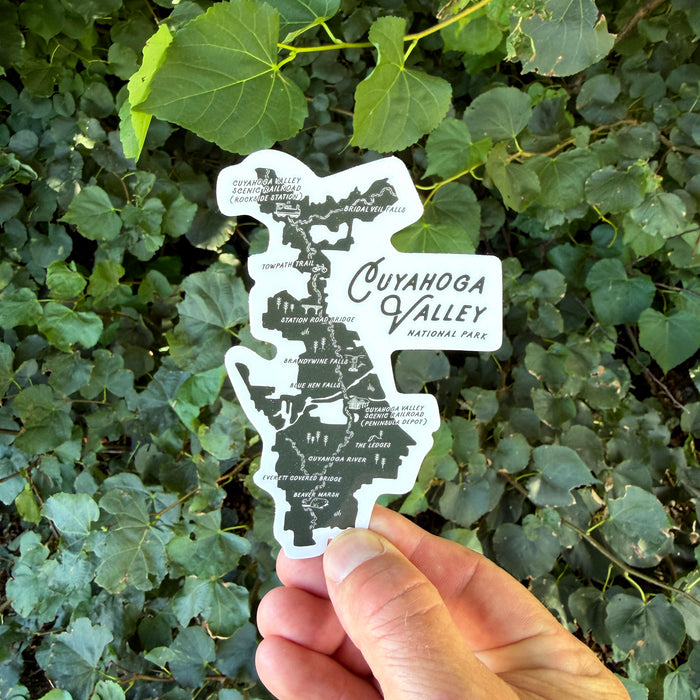 Cuyahoga Valley National Park map vinyl sticker featuring Brandywine Falls, Beaver Marsh and CVNP landmarks
