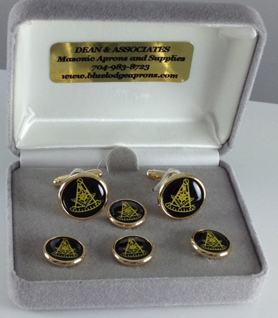 J7134 Cuff Link/Shirt Stud Set Masonic PM w/Square Gold/Jet