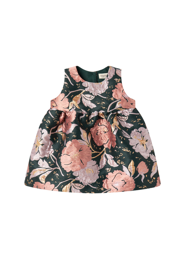 Dark green sleeveless party dress with large flowers and bow detail for baby
