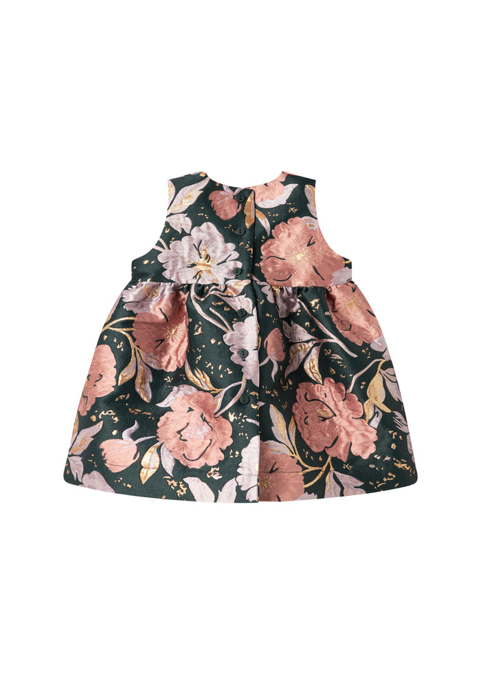 Dark green sleeveless party dress with large flowers and bow detail for baby