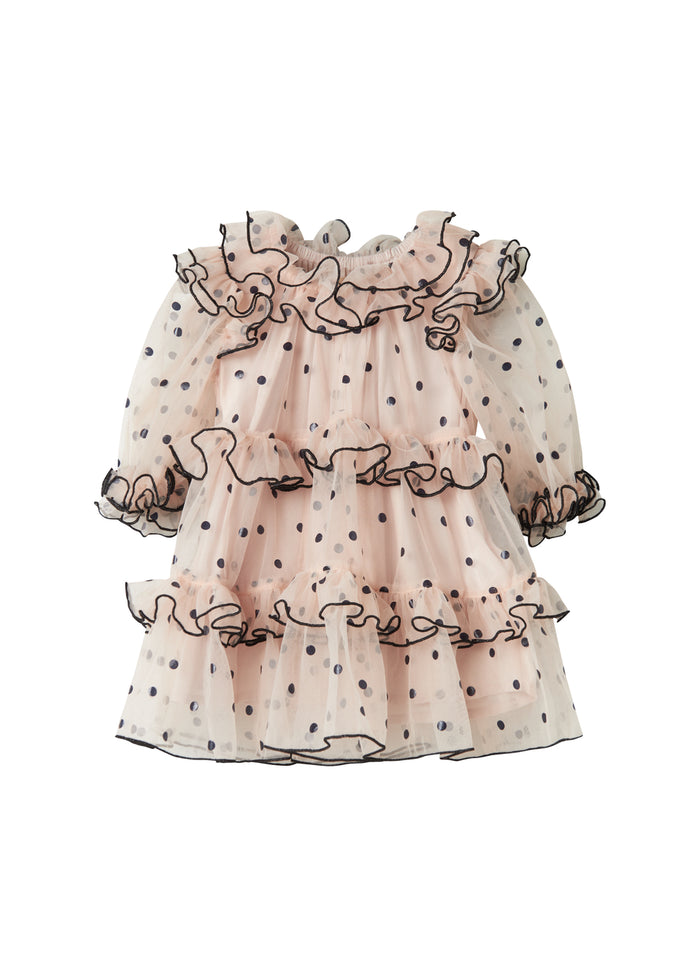 Pink Christmas dress in tulle with black dots and ruffles for baby