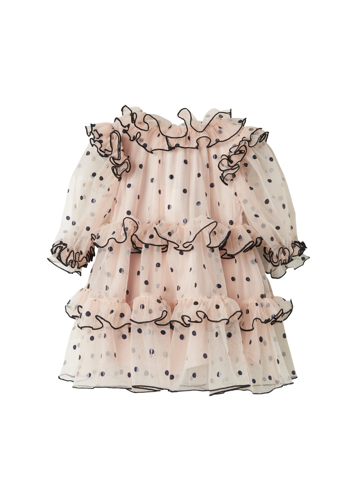 Pink Christmas dress in tulle with black dots and ruffles for baby