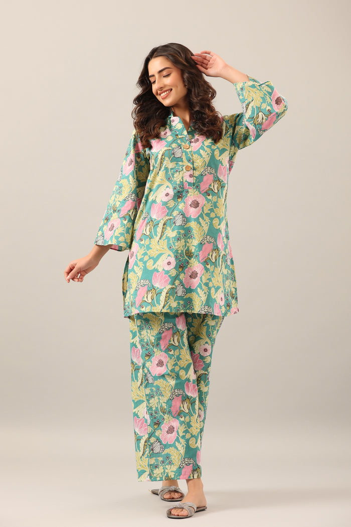 Dandelion Jaal on Green Cotton Palazzo Loungewear Set