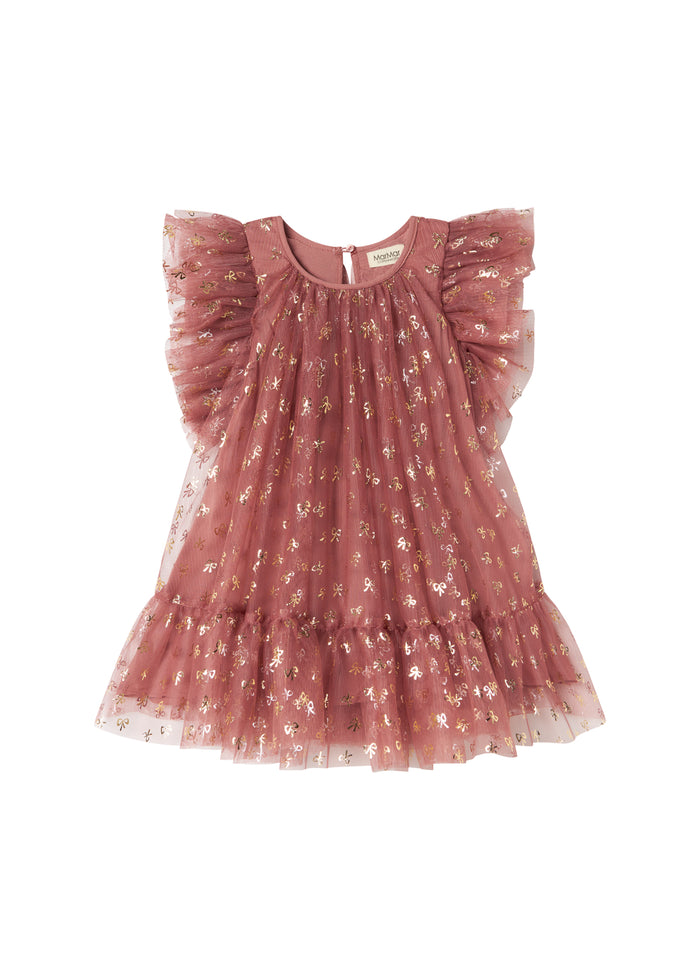 Pink festive baby dress in tulle with ruffles and gold print