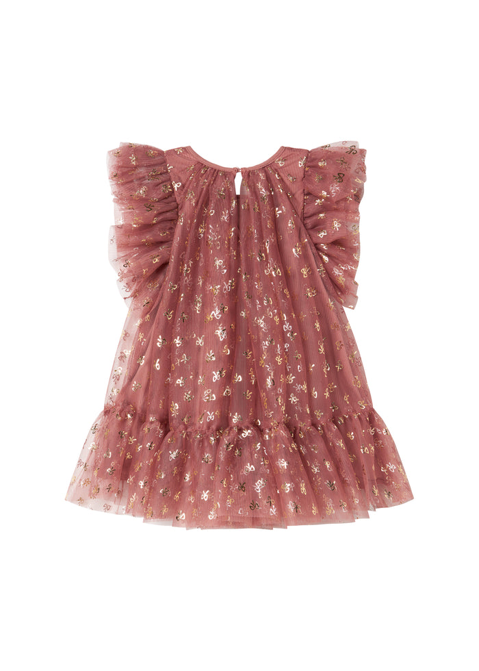 Pink festive baby dress in tulle with ruffles and gold print
