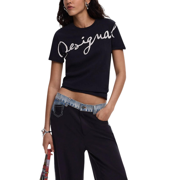 Image 1 : T-shirt Desigual femme noir col rond manches courtes avec impression — delvale