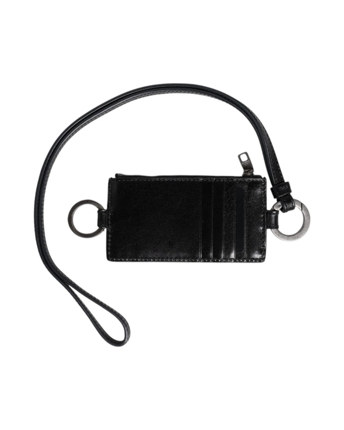 Dolce & Gabbana Black Leather Logo Embossed Lanyard Card Holder Wallet
