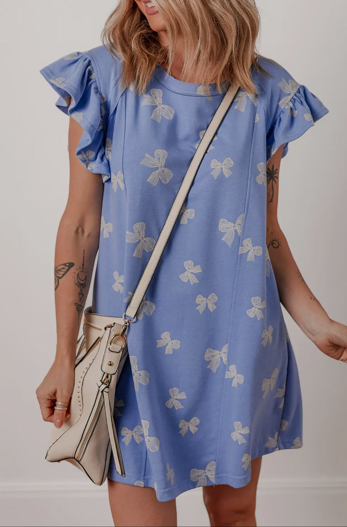 Dress - Bow Knot Print Ruffled Sleeve Shift Mini Dress