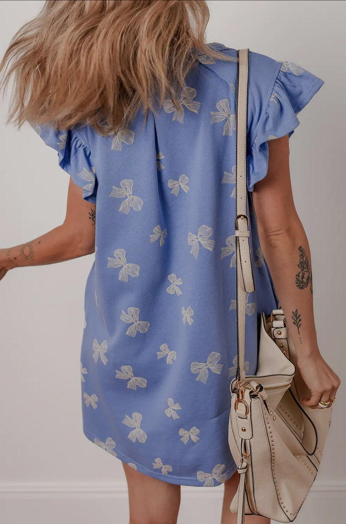 Dress - Bow Knot Print Ruffled Sleeve Shift Mini Dress