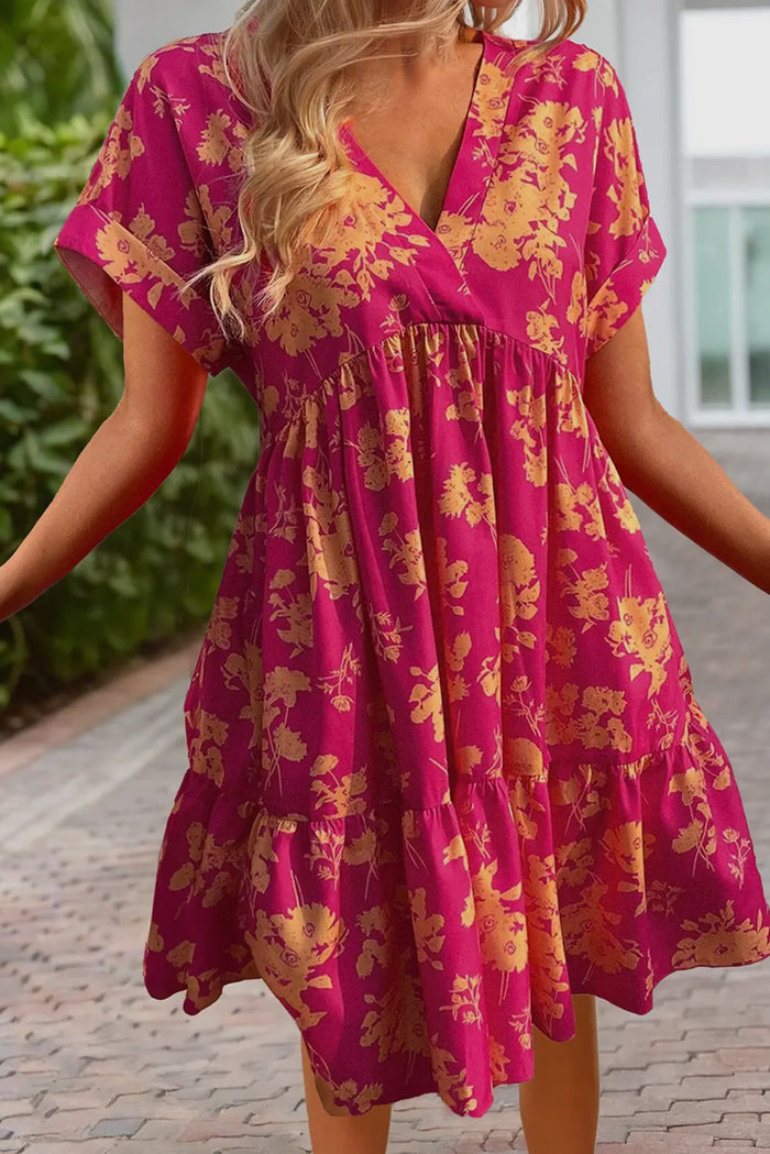 Dress - Floral Print Batwing Sleeve Smock Dress, Pink
