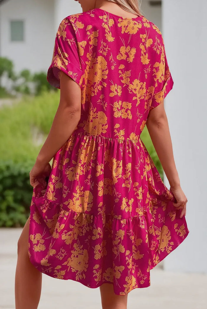 Dress - Floral Print Batwing Sleeve Smock Dress, Pink