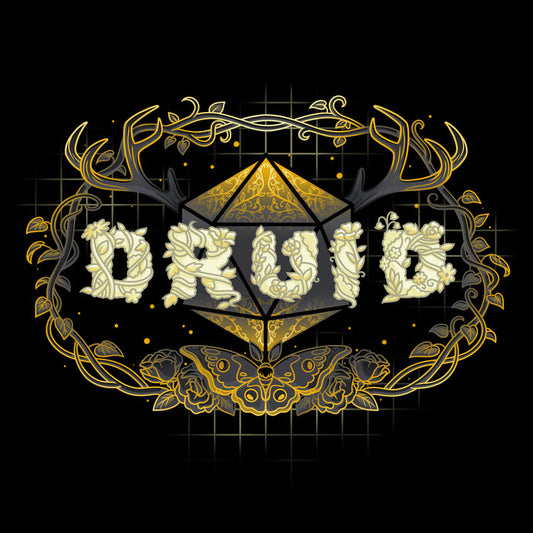 Premium Cotton T-shirt_TeeTurtle Druid Class black t-shirt featuring a stylized "DRUID" text made of floral designs overlaying a geometric shape, framed by antlers and vines with a butterfly at the bottom, all in gold and cream tones for tabletop gaming.