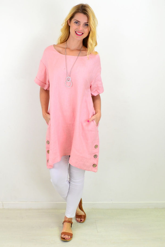 Dusty pink linen tunic dress by Cali&Co, featuring a loose shift style with natural fabric and relaxed fit.