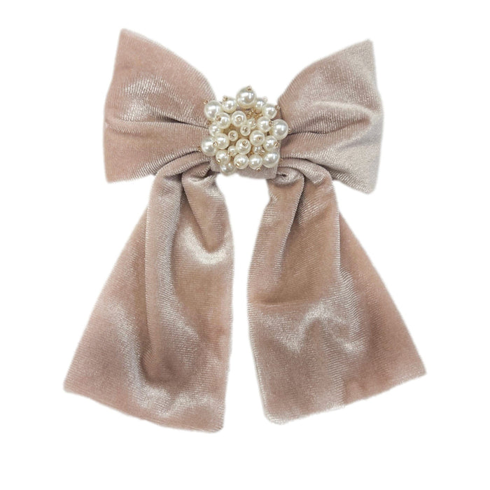 Dusty Pink Velvet Hair Bow front view featuring oversized structured bow in soft blush velvet with long classic tails