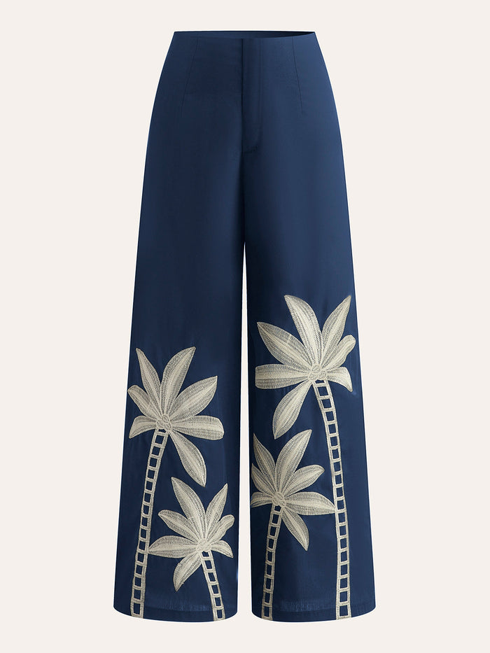 Embroidered High-Waist Wide-Leg Pants