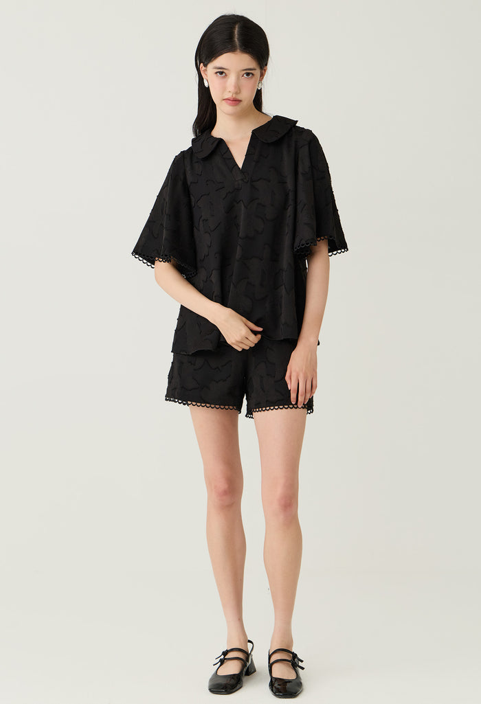 Embroidered Scallop Trim Short Sleeve Top
