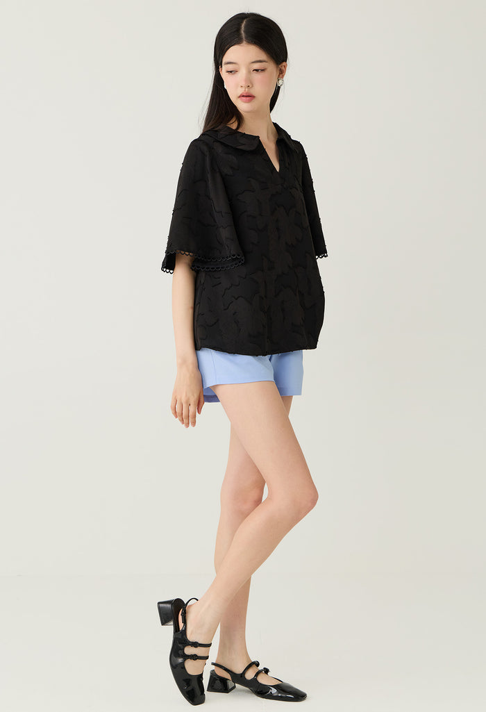 Embroidered Scallop Trim Short Sleeve Top