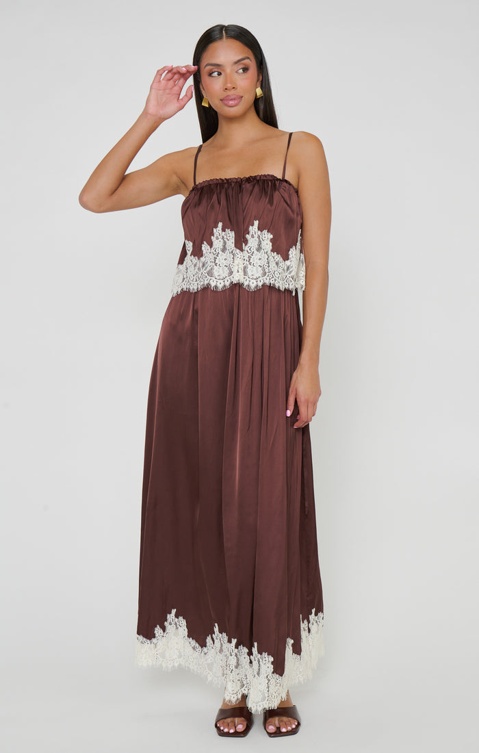 Emmylou Maxi Dress ~ Chocolate Satin with Lace Trim