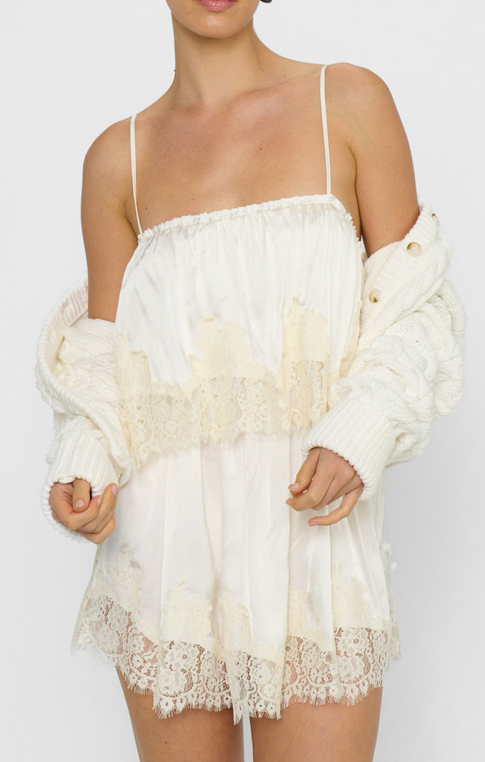 Emmylou Mini Dress ~ Ivory Satin with Lace Trim