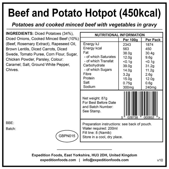nutrition information of beef and potato hotpot 450kcal expedition foods